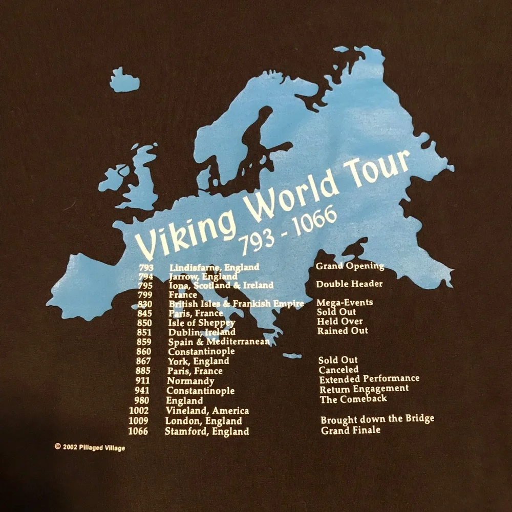 Viking World Tour, 793–1066. 2002 XL T-shirt made by the Pillaged Village - Picture 1 of 4
